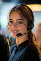 Close-up of an attractive woman with headset smiling at a call center, representing friendly customer service and communication.