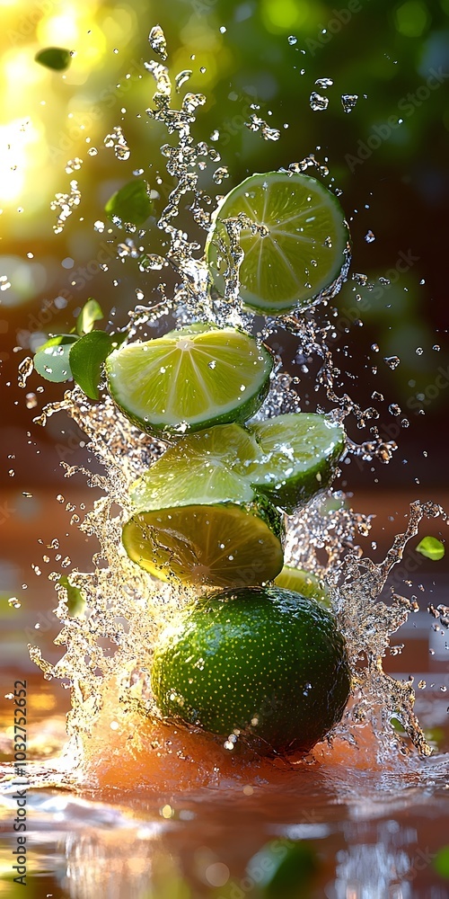 Poster limes splash into a refreshing pool of water, creating a vibrant and cool image.