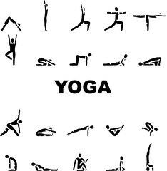 yoga exercises meditation icons set vector. flexibility balance, strength flow, mindfulness relaxation, posture, alignment yoga exercises meditation glyph pictogram Illustrations