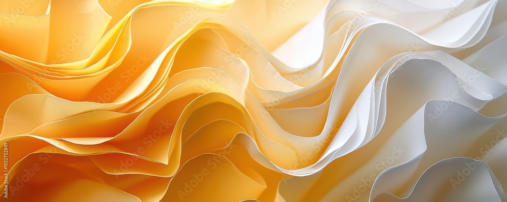 Aufkleber close-up of yellow and white paper waves creating a serene abstract background with layered textures