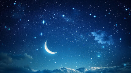 Fototapeta premium Depict a clear, star-filled sky, with constellations visible and perhaps a crescent moon casting a soft glow. The stars should twinkle brightly, creating a serene backdrop. 