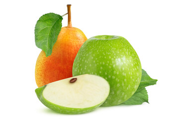 red pear with leaf, green whole apple and green apple slice with seed on isolated white background.