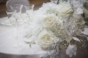 decoration of the aisles with floral ornaments, lamps, crystal, lights, flowers