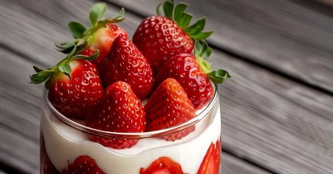 glass of strawberries layered with cream on wooden background