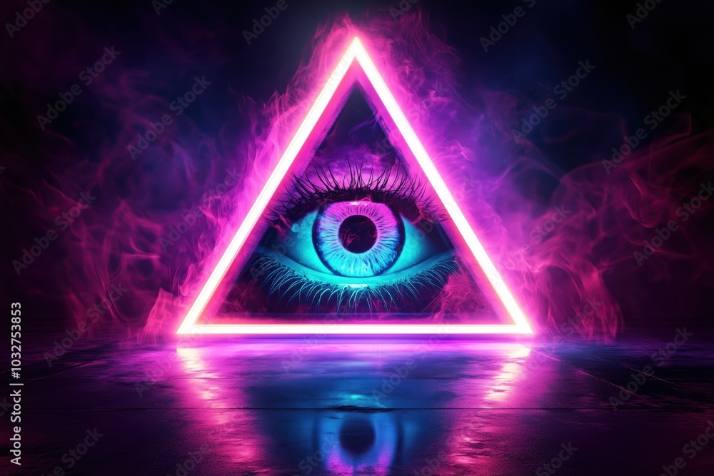 Poster mysterious glowing neon triangle with an eye in a dark cyberpunk atmosphere. generative ai