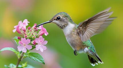   Hummingbird over pink flower, beak in mouth, blurry pink flowers in background