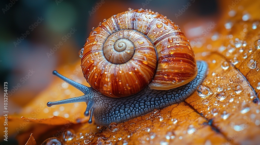 Poster a macro image of a snail on a leaf with water droplets on its back and shell