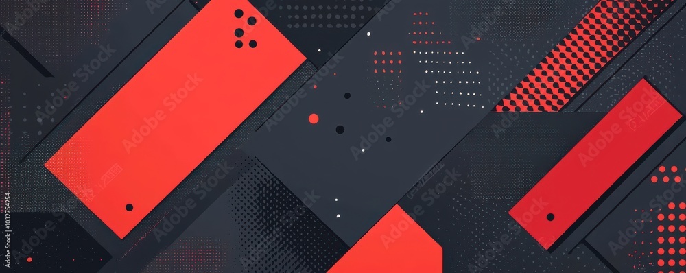Poster abstract flat illustration with geometric shapes in red and navy blue with circles, triangles, and l