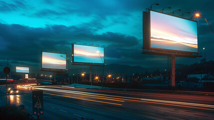 City lights at night with streaks of car lights on a busy highway and three blank billboards.