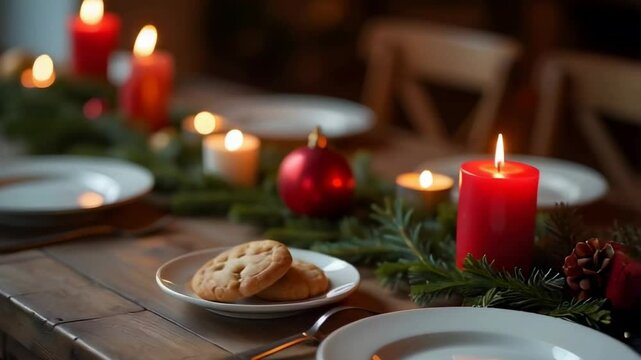 A cozy holiday table is decorated with evergreen branches and glowing red candles. White plates are arranged around, with Christmas cookies beautifully displayed at the center, creating a festive vibe