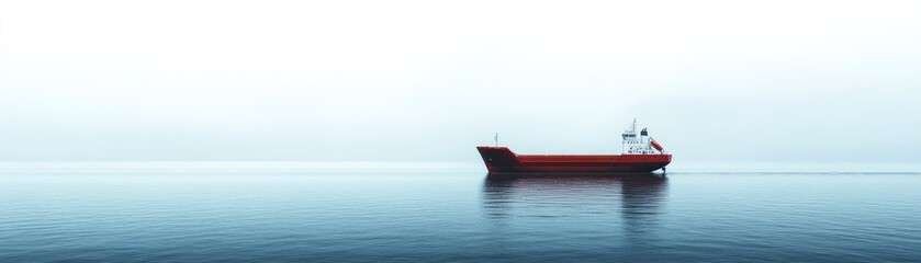 Fototapeta premium Solitary red ship navigating calm waters in misty landscape