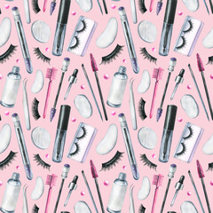Decorative and personal care cosmetics in black and pink, jars, brushes, smears. Hand drawn watercolor illustration. Seamless pattern on a pink background for the beauty industry, design.