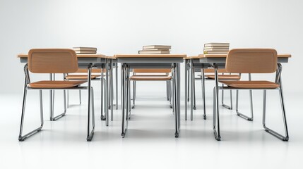 Empty classroom with desks and books ready for learning