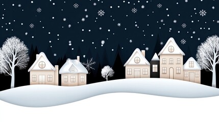 The peaceful village glows under the moonlight on a snowy winter night, with houses nestled among trees and hills, complete with a winding road leading into the tranquil scene