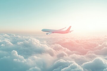 Airplane soaring above fluffy clouds at sunset