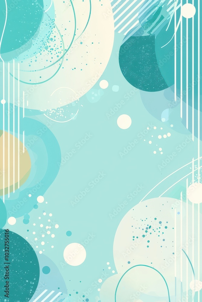 Poster abstract light blue and green background with white circular patterns and textured details