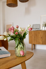 the living room is decorated in bright colors