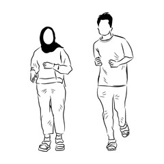 Couple jogging together, hand drawn line drawing vector illustration