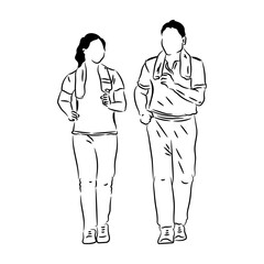 Couple jogging together, hand drawn line drawing vector illustration