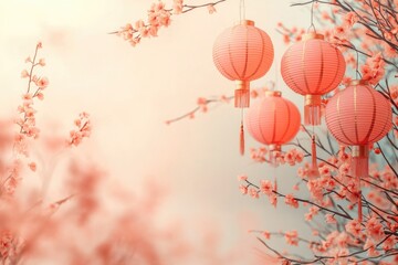 Elegant pink lanterns amidst cherry blossom branches