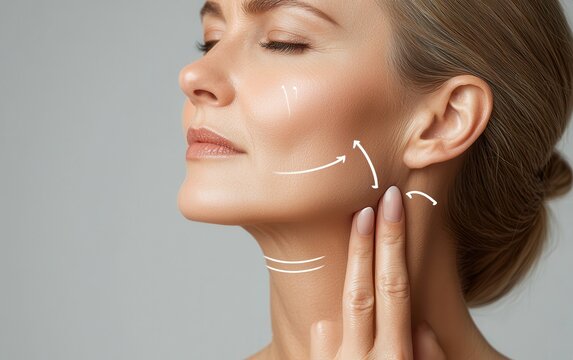 Middle-aged woman practicing skincare routine with focus on neck and jawline for anti-aging and healthy skin.