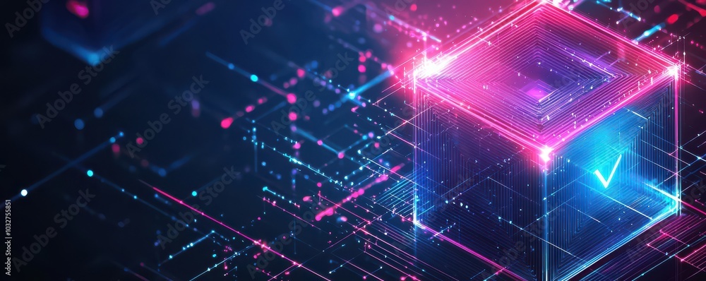 Poster futuristic digital cube illustration with glowing neon colors in a minimalist isometric style depict