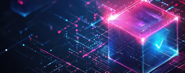 Futuristic digital cube illustration with glowing neon colors in a minimalist isometric style depicting advanced technology and abstract concepts