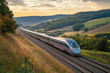 High-speed train traveling through scenic countryside at sunset