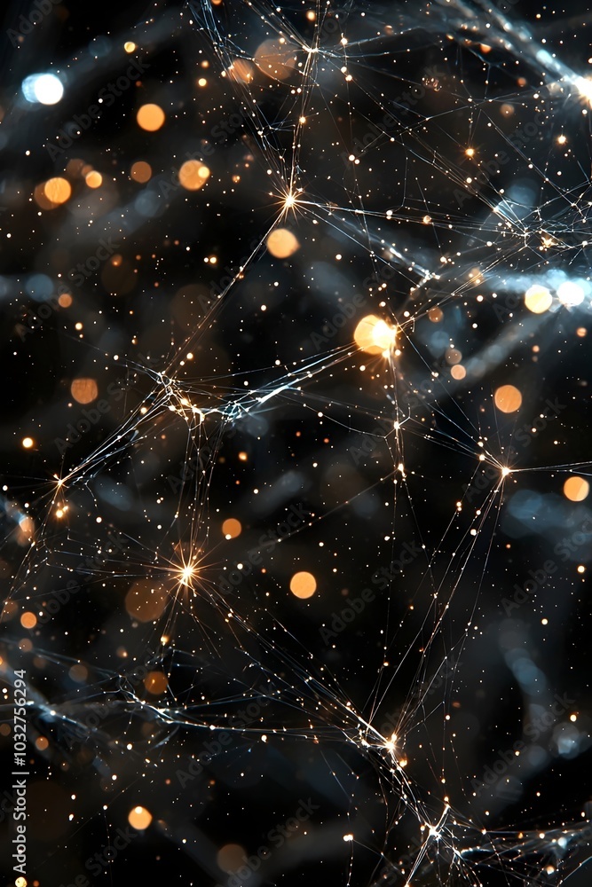 Poster a spiderweb illuminated by warm bokeh lights, creating a mesmerizing pattern of delicate threads and