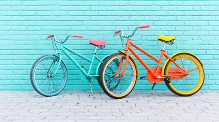 Fototapeta premium Two vibrant bicycles, one turquoise and one orange, lean against a pastel blue brick wall, creating a playful and colorful urban scene.