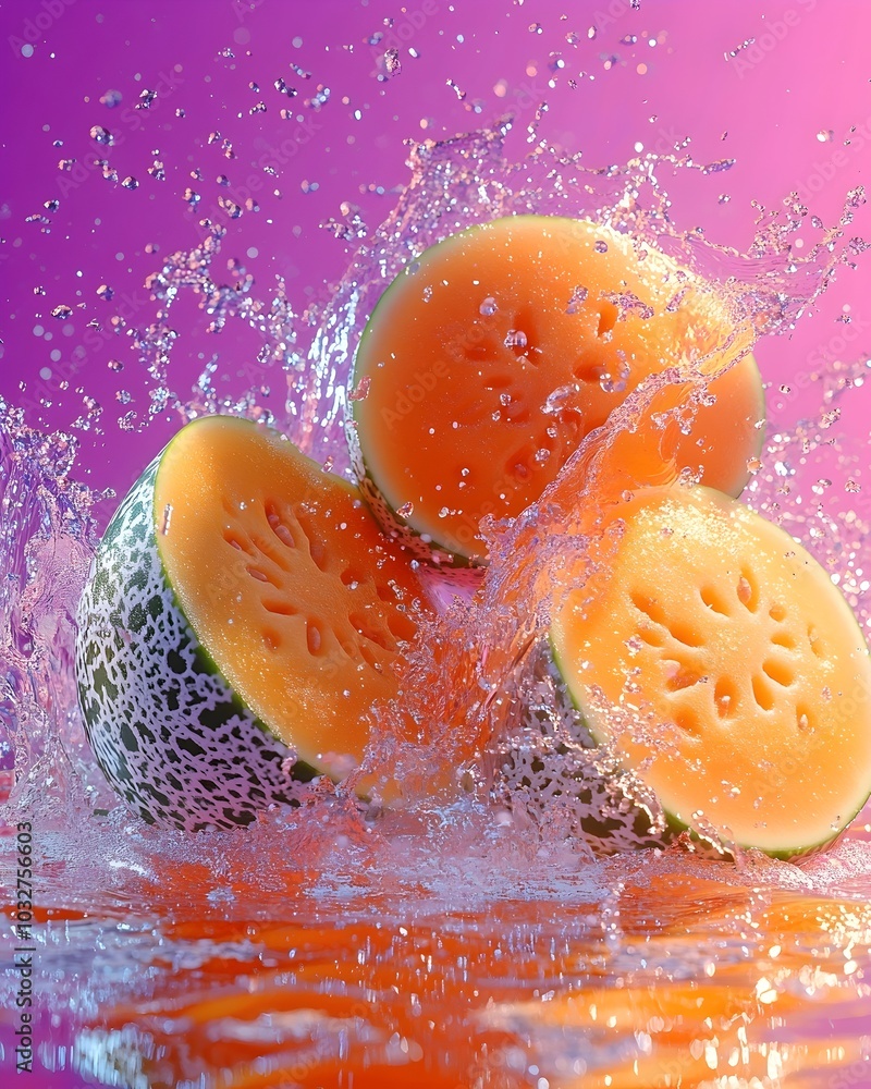 Poster three juicy melon slices splash into a pool of water, creating a vibrant and refreshing image.