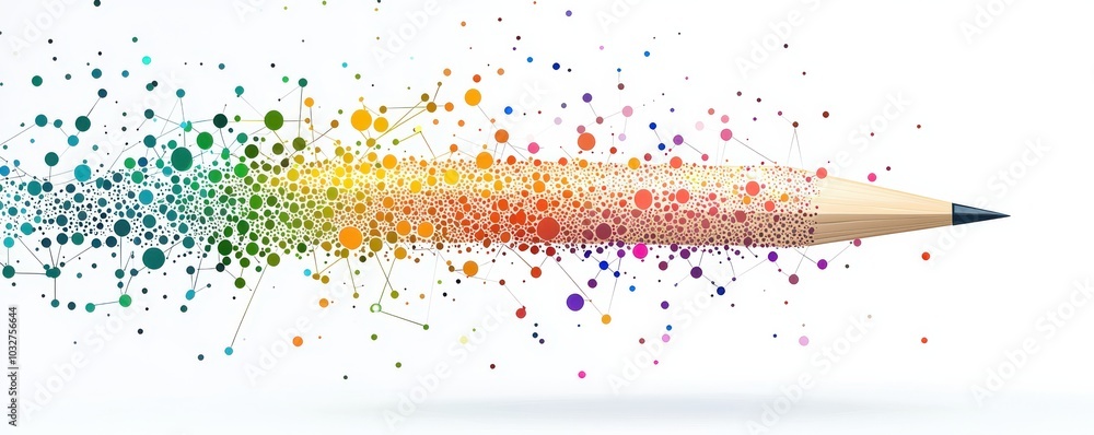 Poster pencil creating colorful abstract art with vibrant dots connected by lines symbolizing creativity an