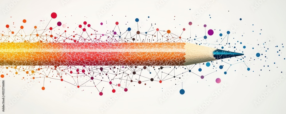 Poster creative concept of a pencil with colorful dots and lines creating a vibrant artistic design on whit