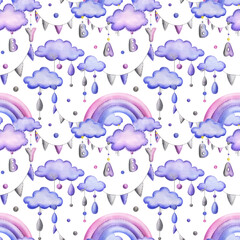 A stitched rainbow with clouds and letters BABY, garland flags, dots hanging from ropes in blue, purple and pink. Cute hand drawn watercolor illustration. Seamless pattern on a white background