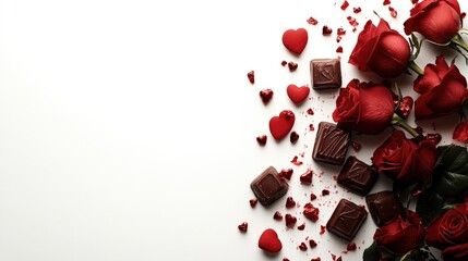 Romantic arrangement of roses and chocolates for Valentine's Day