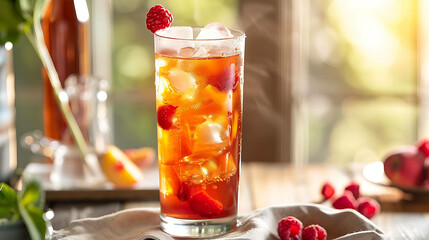 A refreshing glass of iced tea with raspberries and peaches is the perfect way to cool down on a hot summer day.