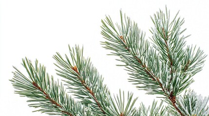 Obraz premium A close-up image of a pine tree's branch with snow at the top and bottom, set against a white backdrop