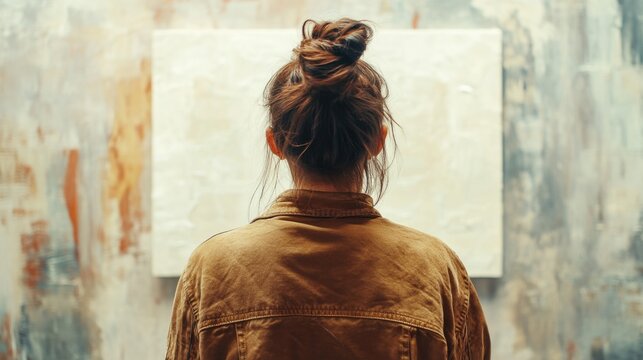 Contemplative viewer admiring abstract art in gallery