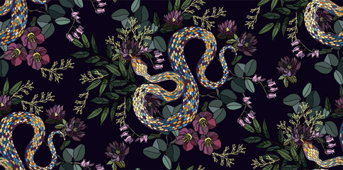 Seamless pattern of colorful snakes intertwined with blooming flowers on a dark background, creating a vibrant and detailed visual