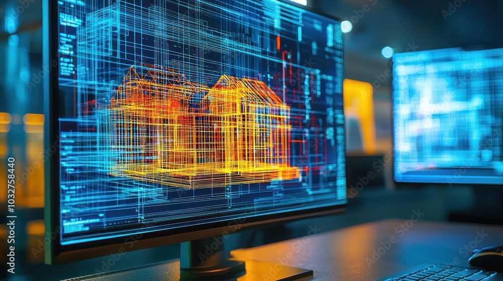Poster a 3d model being manipulated on a computer screen, representing digital construction and architectur