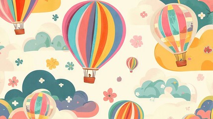   A group of colorful hot air balloons float gracefully through the clear blue sky In the background, fluffy white clouds stretch across the horizon while vibrant flowers peek out from the