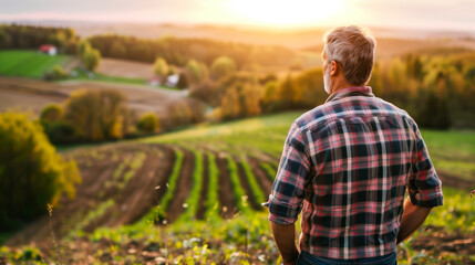 A man stands on a hillside overlooking a lush, green landscape at sunset. The fields below are neatly arranged in rows, and the sky is painted with warm hues of orange and yellow.