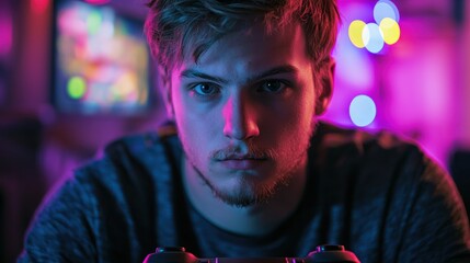 a gamer intently focused on a video game, with a modern gaming console and colorful LED lights in the background, symbolizing immersive entertainment