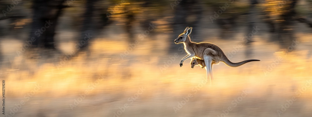 Poster a kangaroo leaps through a field of golden grass with a blurry background of trees.