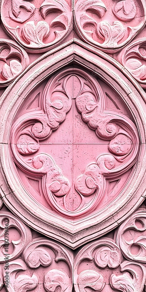 Poster close-up of a decorative design on the side of a pink building with a clock on its face