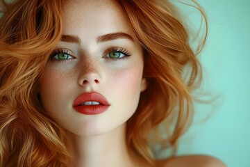 Fototapeta premium A close-up portrait of a young woman with red hair and green eyes, looking directly at the camera with a soft, alluring expression.