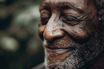 elderly black man with a joyful expression. His eyes are closed, and he has a warm smile, showcasing deep wrinkles and gray facial hair.