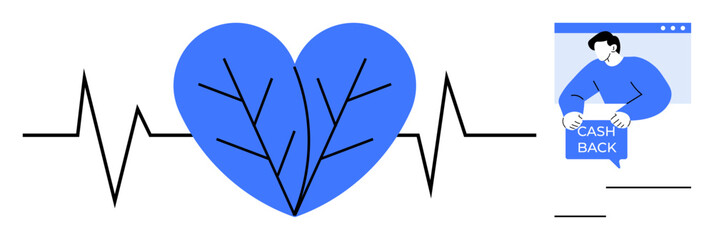 Blue heart integrated with heartbeat line and a man holding a sign that reads Cash Back. Ideal for finance health promotion customer loyalty wellness vector modern clean style