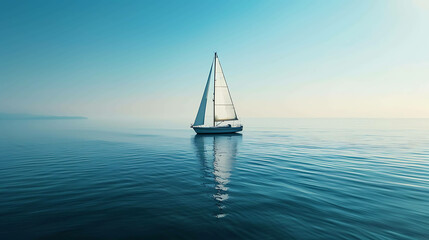Fototapeta premium The image is of a sailboat on the ocean. The water is calm and blue, and the sky is clear. The sailboat is white and has a single sail.