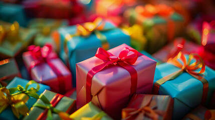 A beautiful array of wrapped gifts in various colors, all adorned with elegant ribbons.